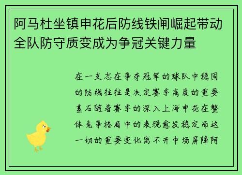 阿马杜坐镇申花后防线铁闸崛起带动全队防守质变成为争冠关键力量 阿马杜坐镇申花后防线铁闸崛起带动全队防守质变成为争冠关键力量